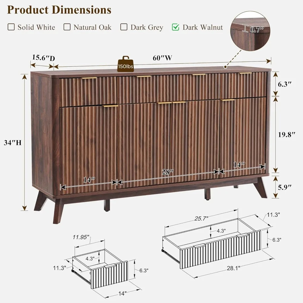 Fluted Buffet Sideboard Cabinet with Storages, 60" Large Modern Buffet Table Coffee Bar Wine Bar Storage Cabinet with 3 Drawers