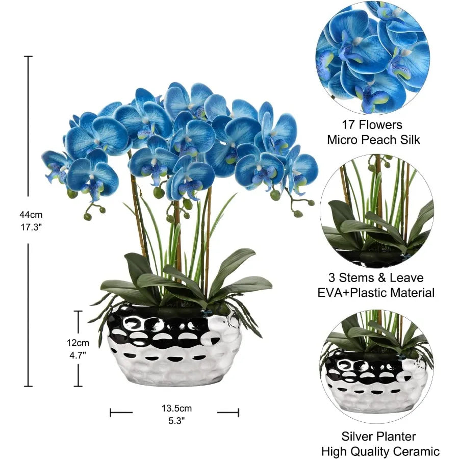 Artificial Blue Phalaenopsis Orchid Flowers 18 Large Fake Orchid with Silver Ceramic Pot for Home Office Bathroom Living Room T