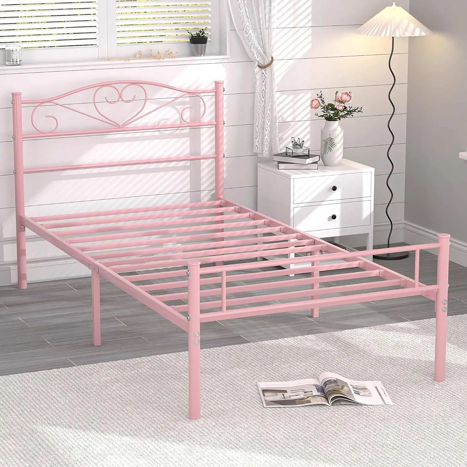 14″ Twin Metal Platform Bed Frame with Headboard – Heavy-Duty Support (Pink)