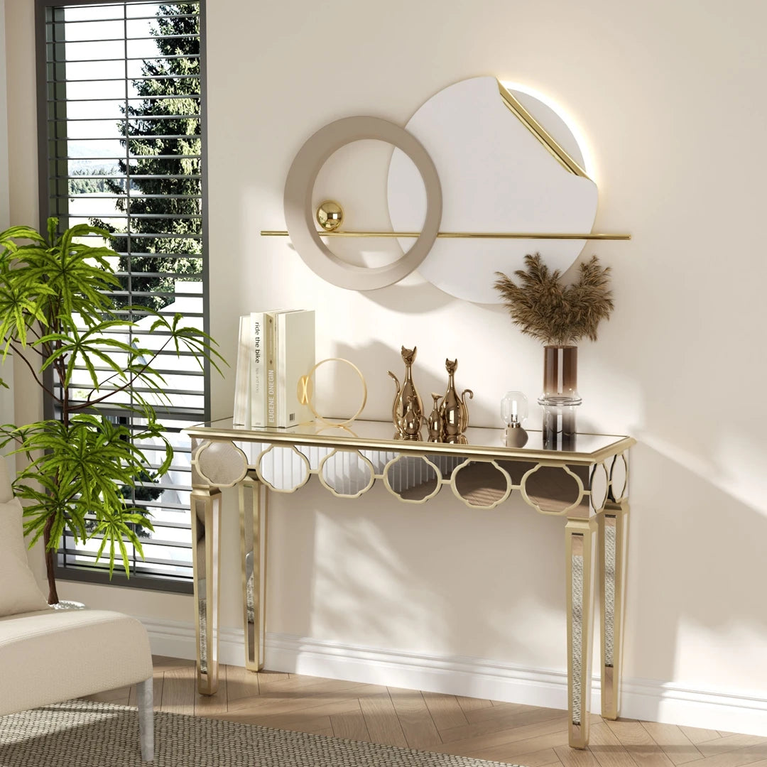 Modern Rectangular Mirrored Console Table Gold Rim Decorative Sofa Entryway Table 4-Leg Living Room Hallway Accent Furniture