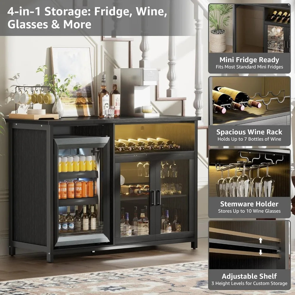 Wine Bar Cabinet with Mini Fridge Space – Black Coffee & Liquor Cabinet Sideboard