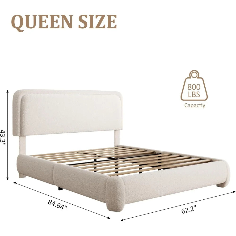 Queen Size Bouclé Upholstered Cloud Platform Bed Frame with Headboard – Soft Rounded Corners