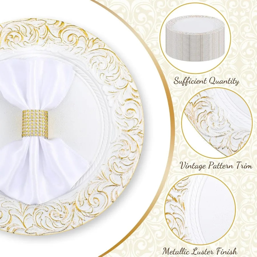 50PCS Antique Charger Plates – 13″ Embossed Rim Decorative Round Chargers