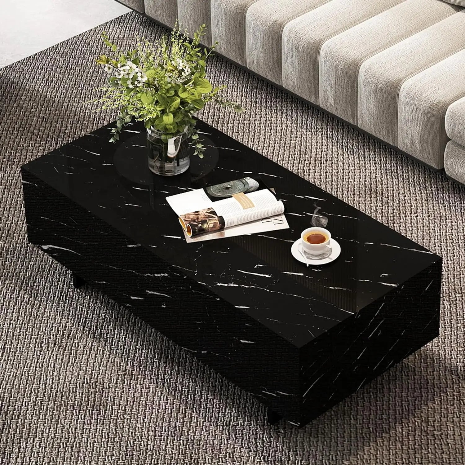 Modern Marble Coffee Table – 41.3” Rectangular High-Gloss Center Table for Living Room
