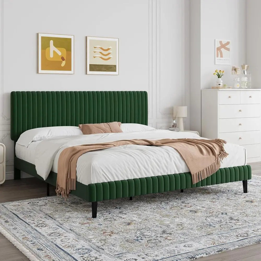 Velvet King Size Platform Bed Frame – Vertical Tufted Headboard & Footboard (Green)