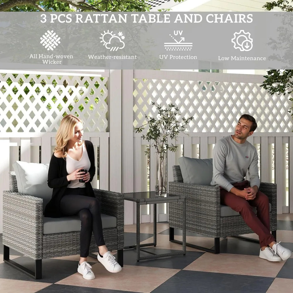 3 Pieces Patio Furniture Set, Wicker Conversation Bistro Set with 4 Soft Cushions, Rattan Chairs and Glass Coffee Table