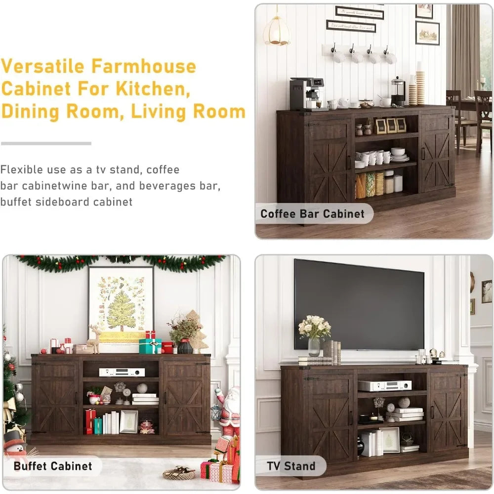 66 Inch Farmhouse TV Stand with Power Outlets for 75 Inch TVs 33 Tall Entertainment Center with Storage Cabinets Adjustable Shel