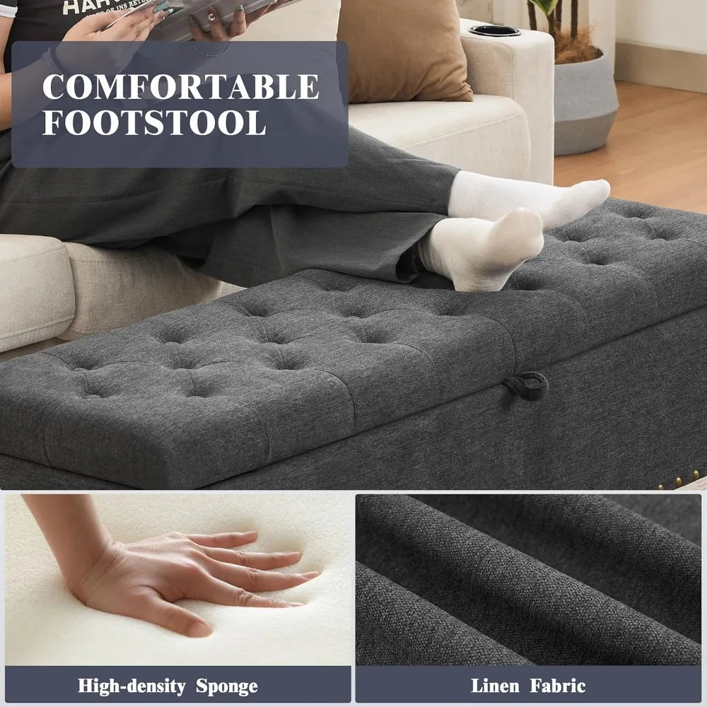 Large Upholstered Storage Ottoman Bench – Safety Hinges Heavy-Duty Design