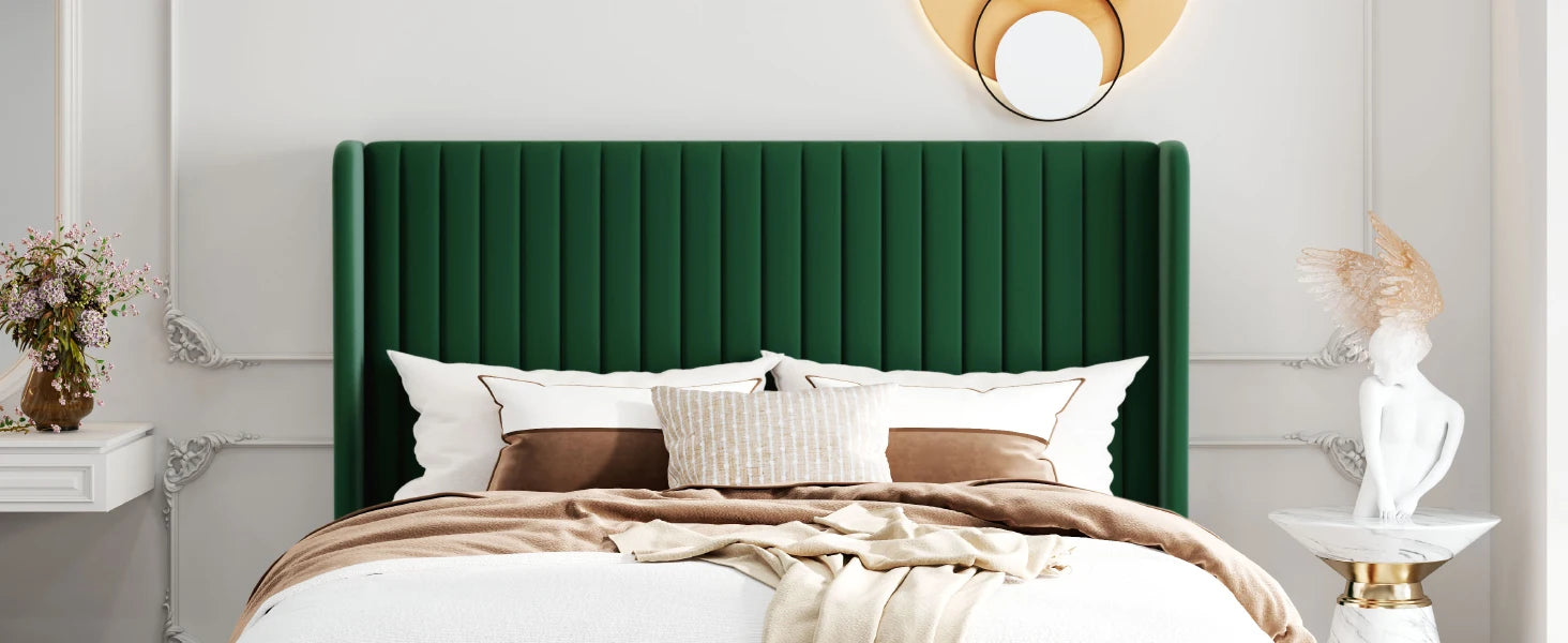 Velvet Upholstered Bed Frame – Vertical Channel Tufted Wingback Headboard
