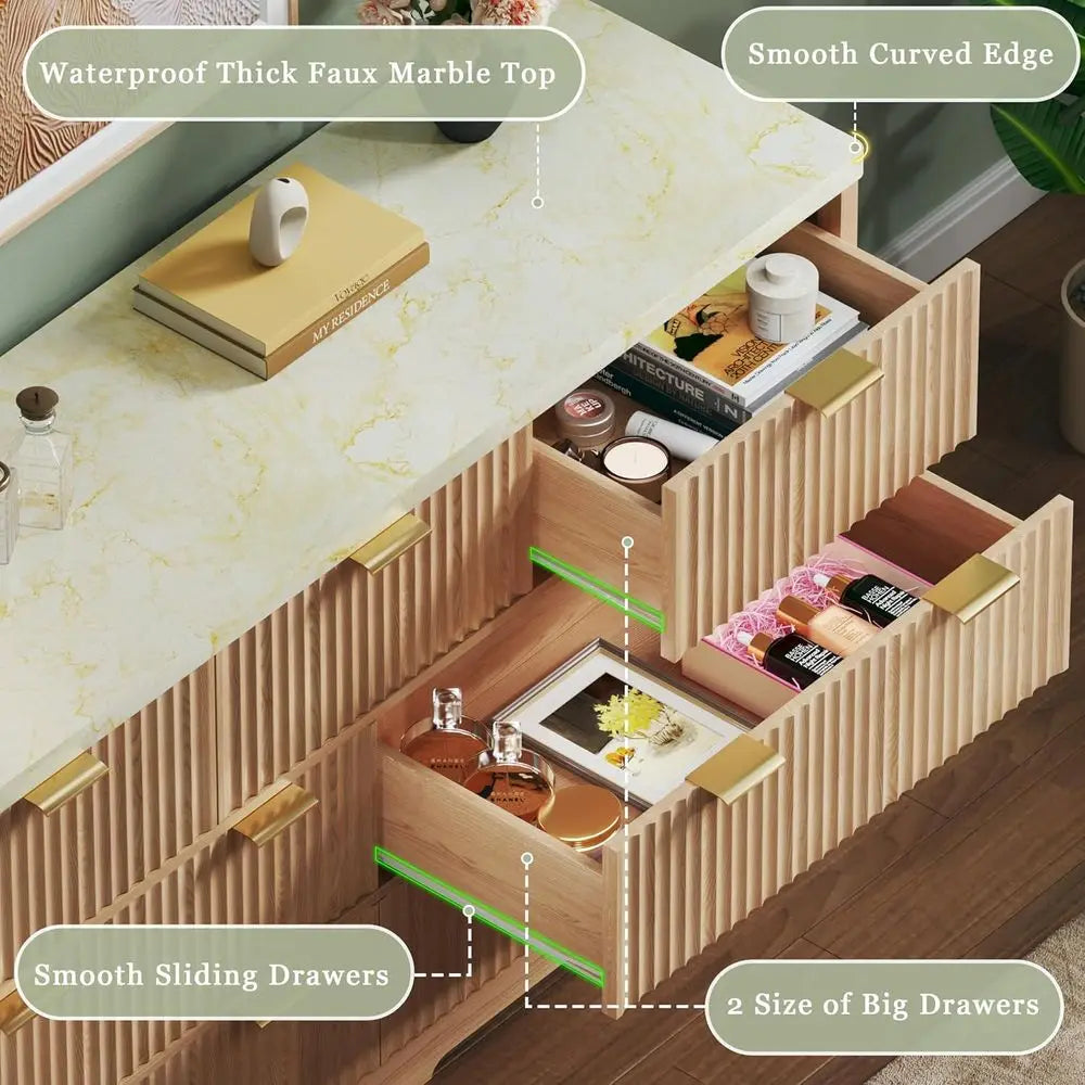 Mid-Century 7-Drawer Fluted Dresser with Faux Marble Top and Metal Handles, 53 Wide, Natural Oak Wood TV Stand and Closet Organi