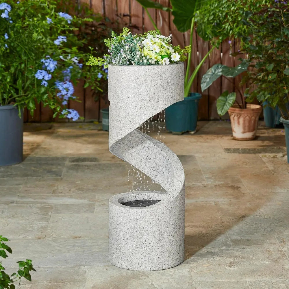 Tiered Outdoor Water Fountain with LED Lighting, Curved Stone Planter Faux Terrazzo Style