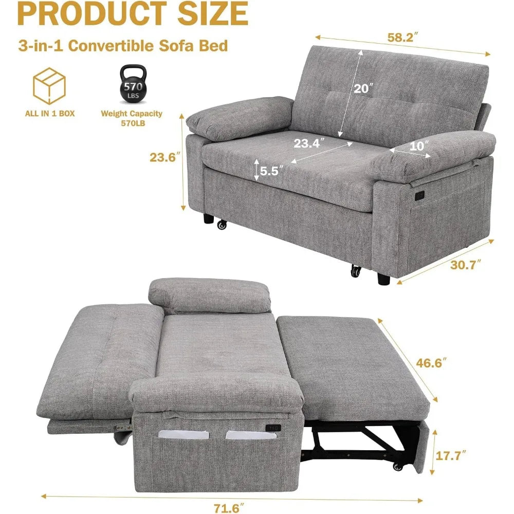 3 in 1 Convertible Sleeper Sofa Bed, Pull Out Couch Bed with USB Ports, Reclining Backrest, Side Pockets, Tool-Free Assembly