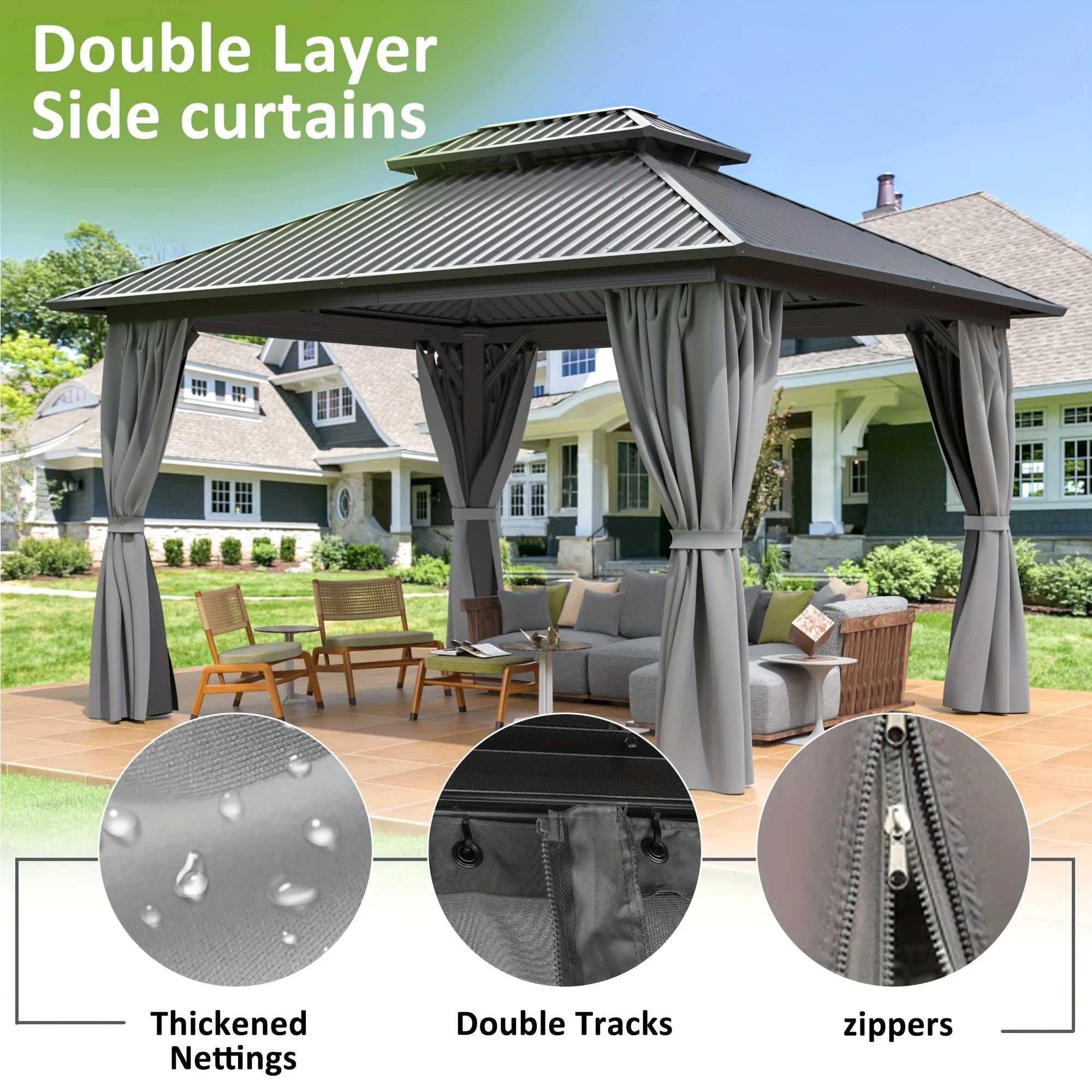 POLAR 10x12FT Hardtop Gazebo, Aluminum Frame & Galvanized Steel Roof w/ Netting Curtains All Weather Pavilion for Patio, Garden