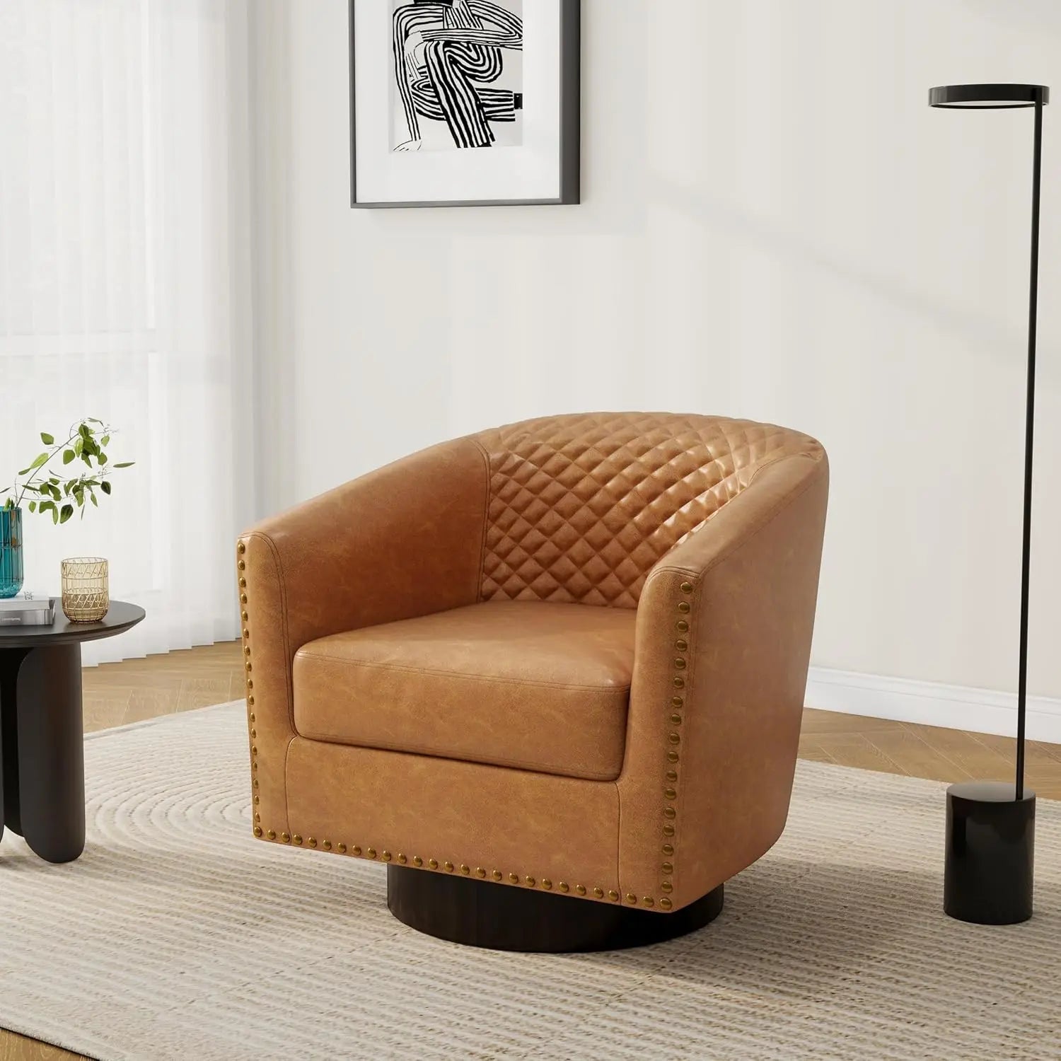 Pia Ricco Faux Leather Barrel Accent Chair – Modern Club Armchair with Wood Legs