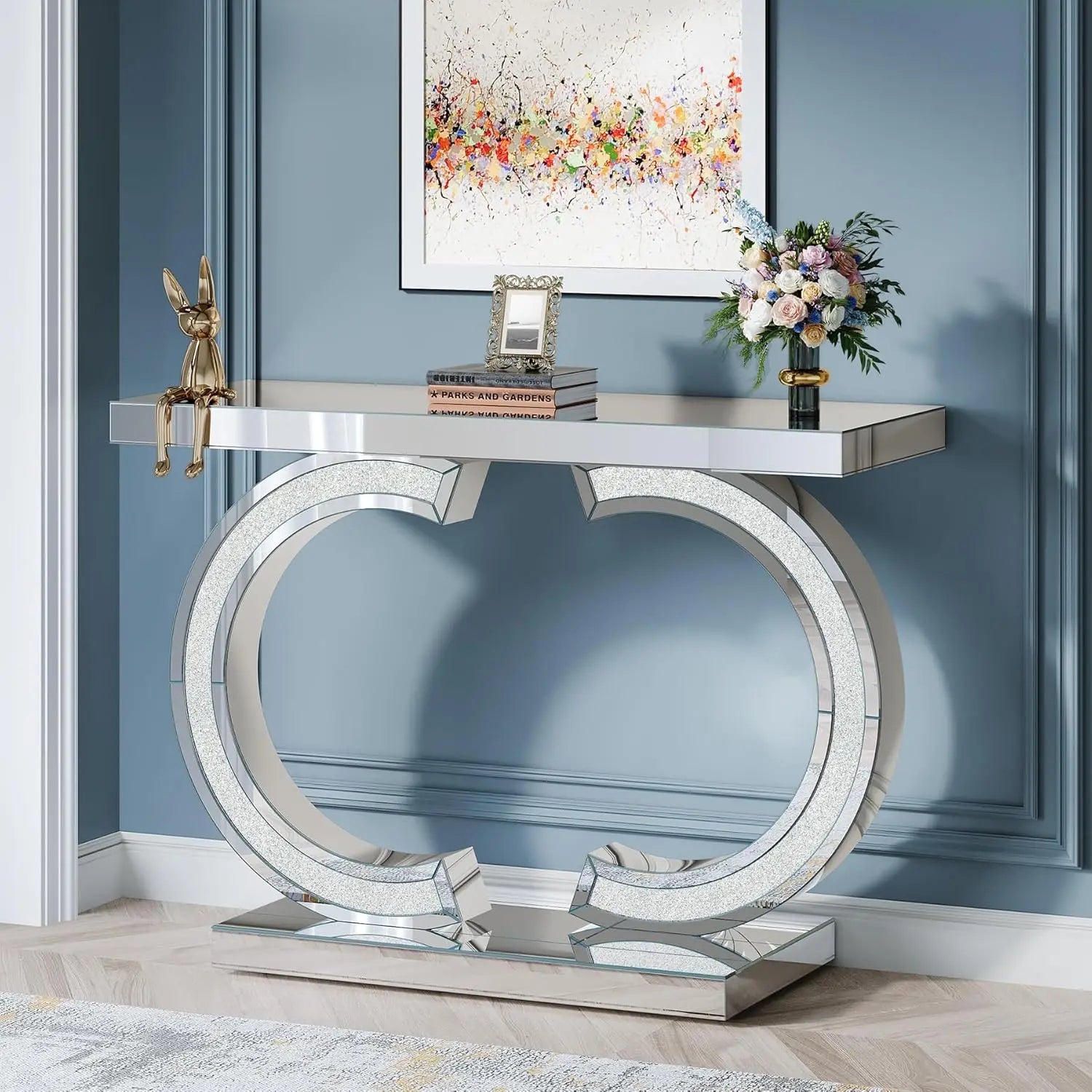 Mirrored Console Table with O-Shaped Base, Entryway Table Glass Sofa Table with Mirror Finish, Rectangle Accent Foyer Table
