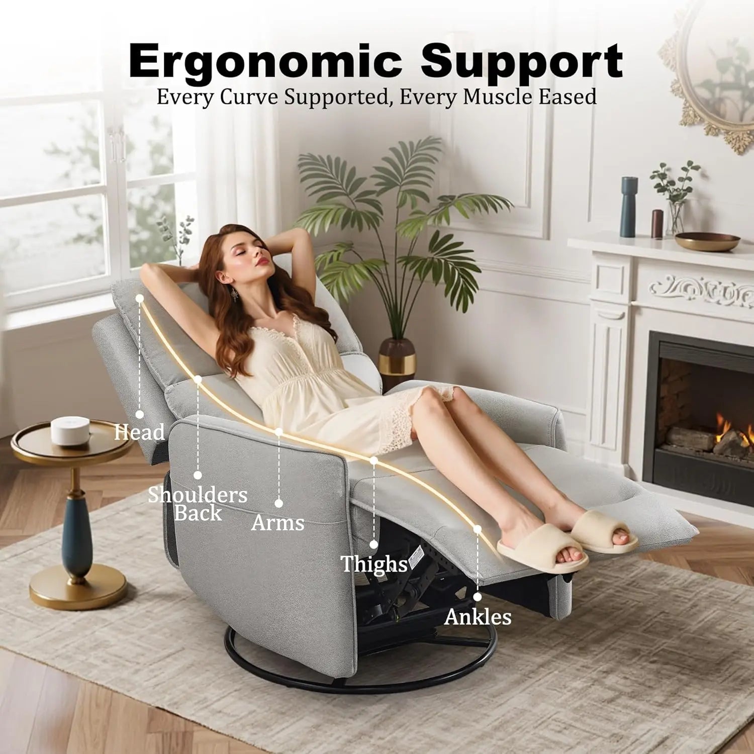 360° Swivel Recliner Chair for Adults, Upholstered Rocker with Side Pockets, Compact Glider for Living Room or Nursery