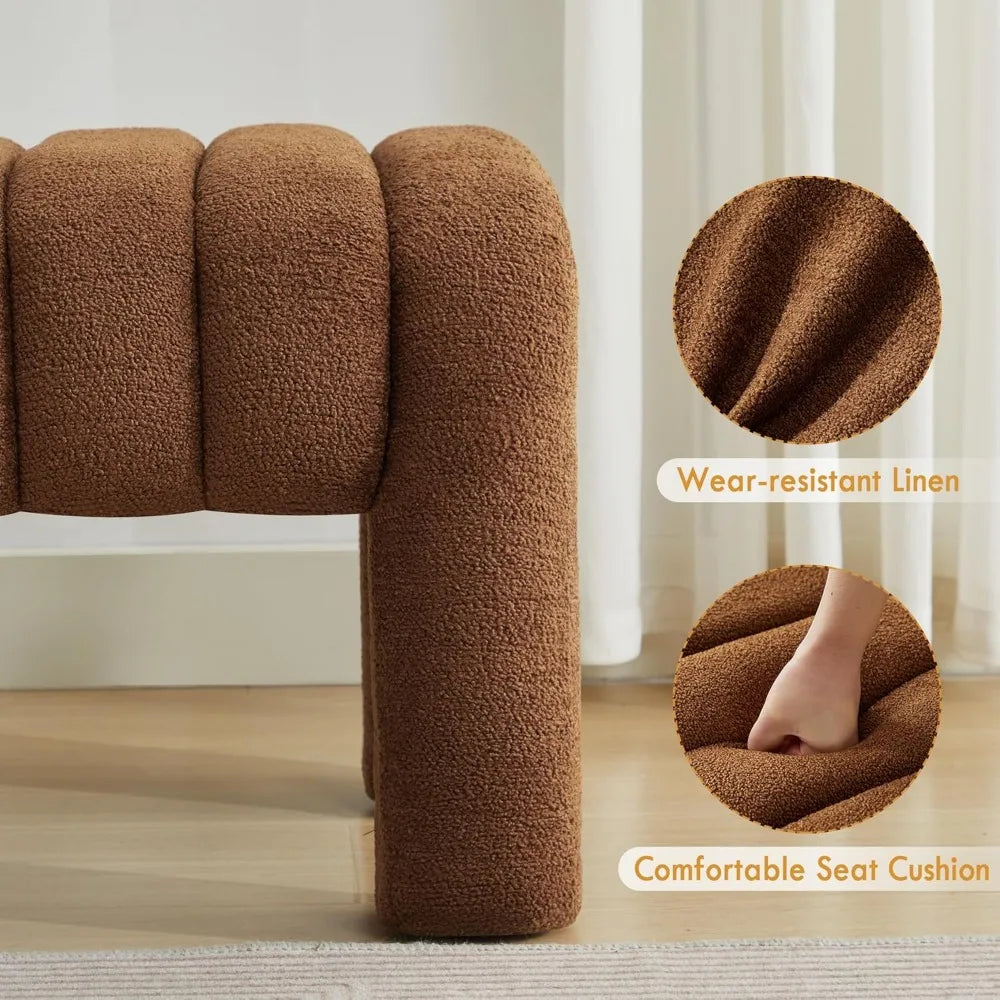 Upholstered Sherpa Bench – Rust Brown Padded Ottoman