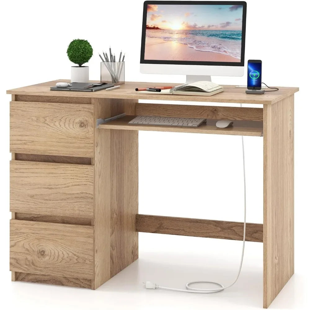 Computer Desk with 3 Storage Drawers & Built-in Charging Station, Home Office Desk with Keyboard Tray, PC Desk Study