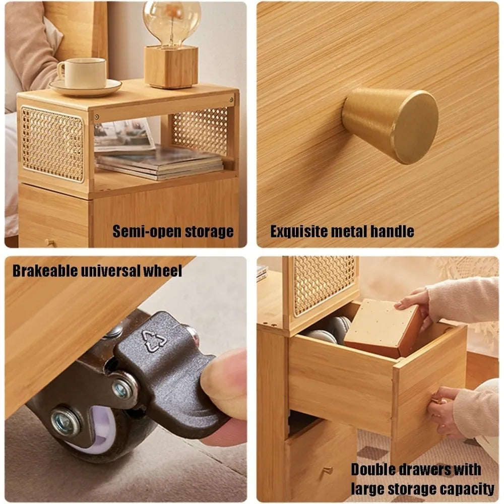 Slimline Bedside Table with Rattan Drawer and Open Storage for Coffee and Nighttime Use