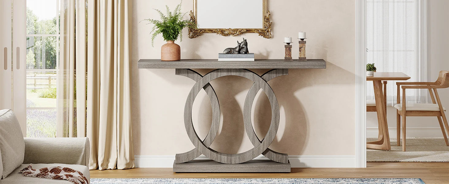 55-Inch Console Table with Geometric Wood Base,Modern Entryway Table with Thick Tabletop for Living Room, Hallway, Foyer (Gray)