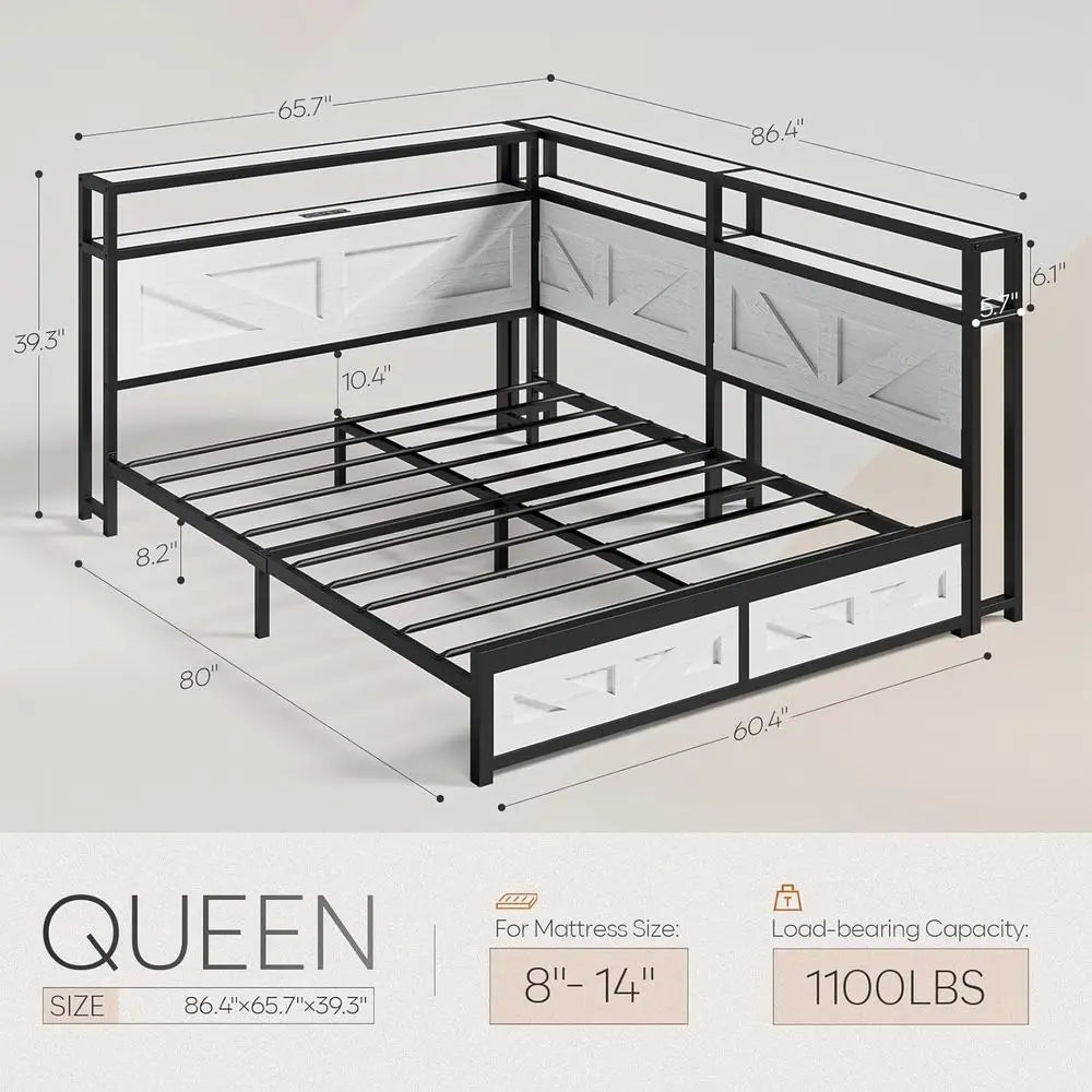 Corner Queen Size Bed Frame with Storage Bookcase – LED Lights & Charging Station