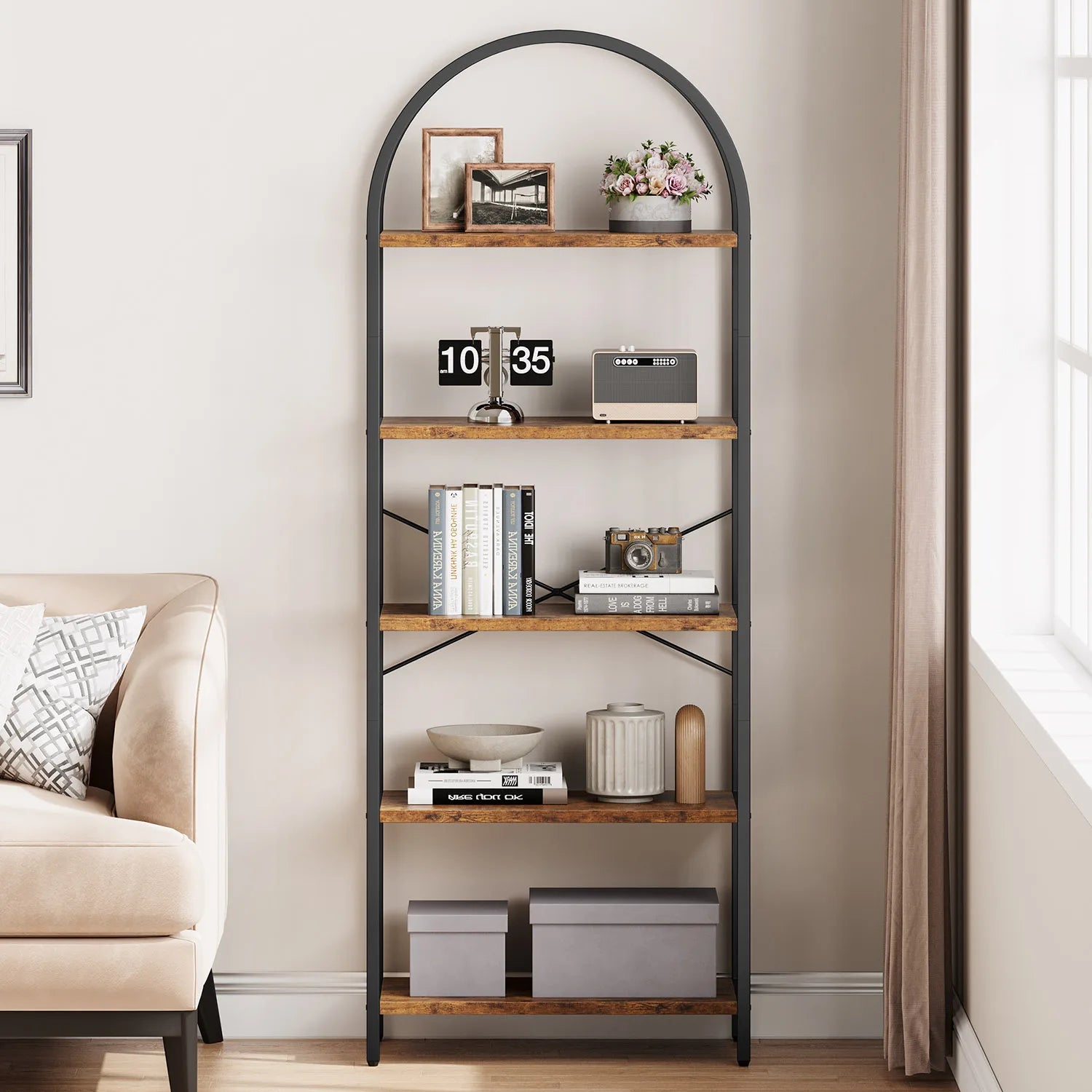 5-Tier Arched Bookshelf – 180 cm Tall Industrial Open Display Rack