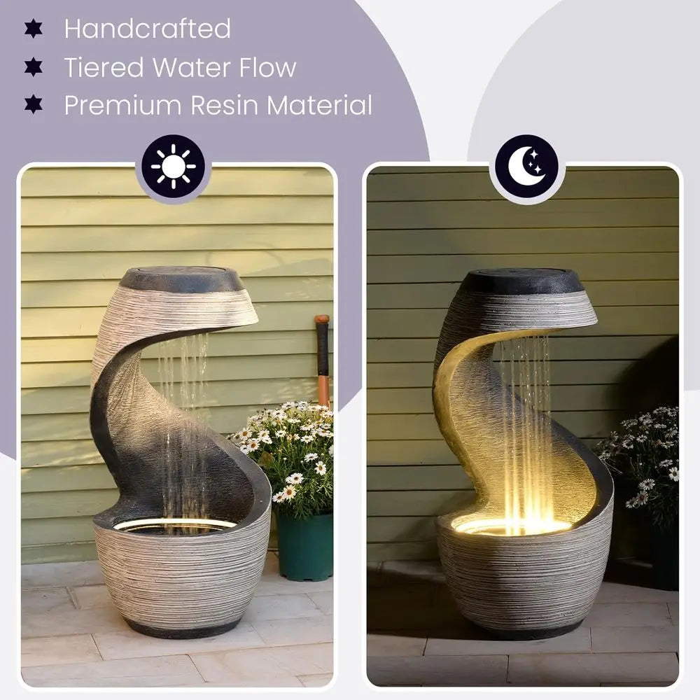 37 Tall S-Curve Rainfall Fountain with LED Light, Outdoor Garden Waterfall Feature for Patio and Yard