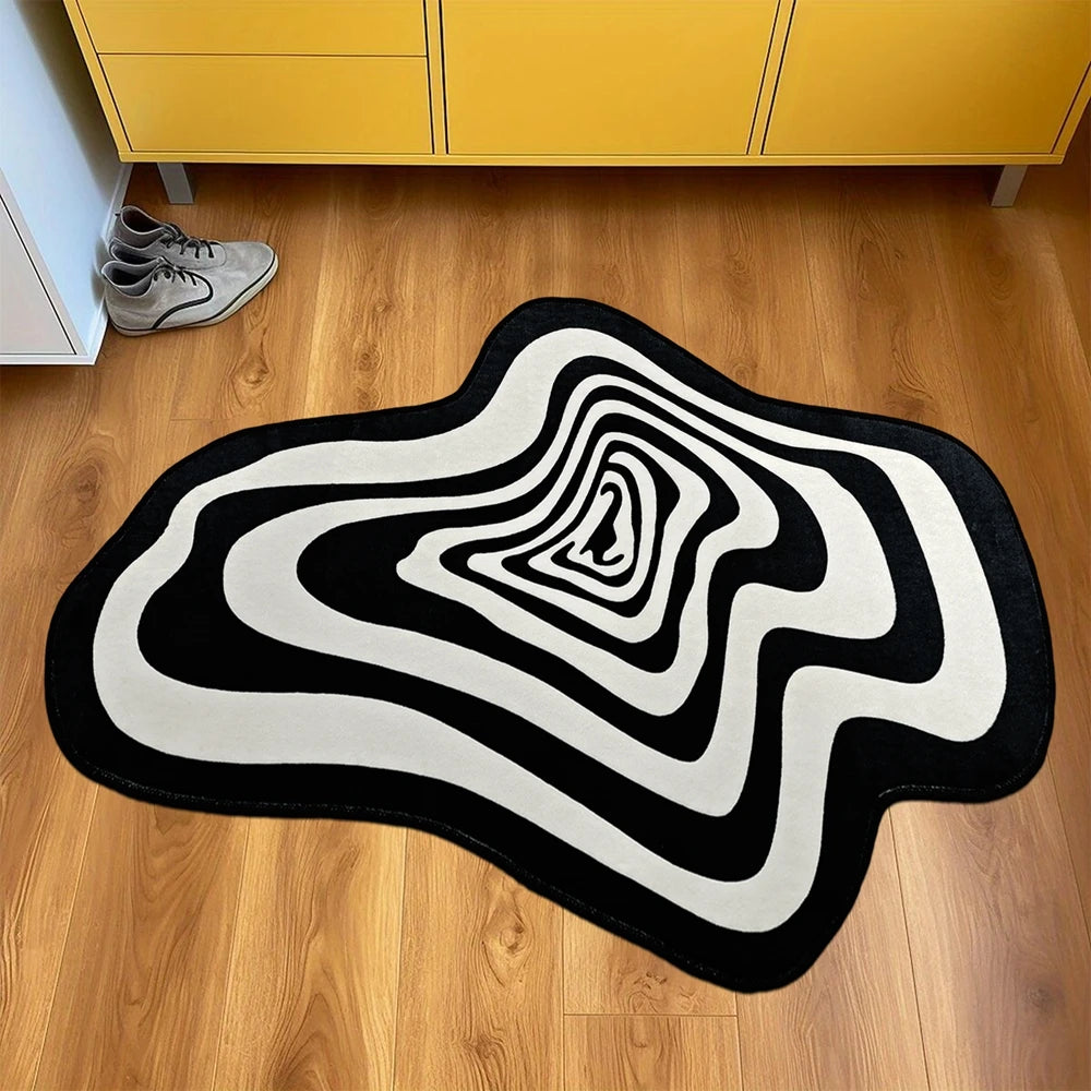 Trendy Irregular Black and White Abstract Rug – Modern Living Room Coffee Table Floor Mat