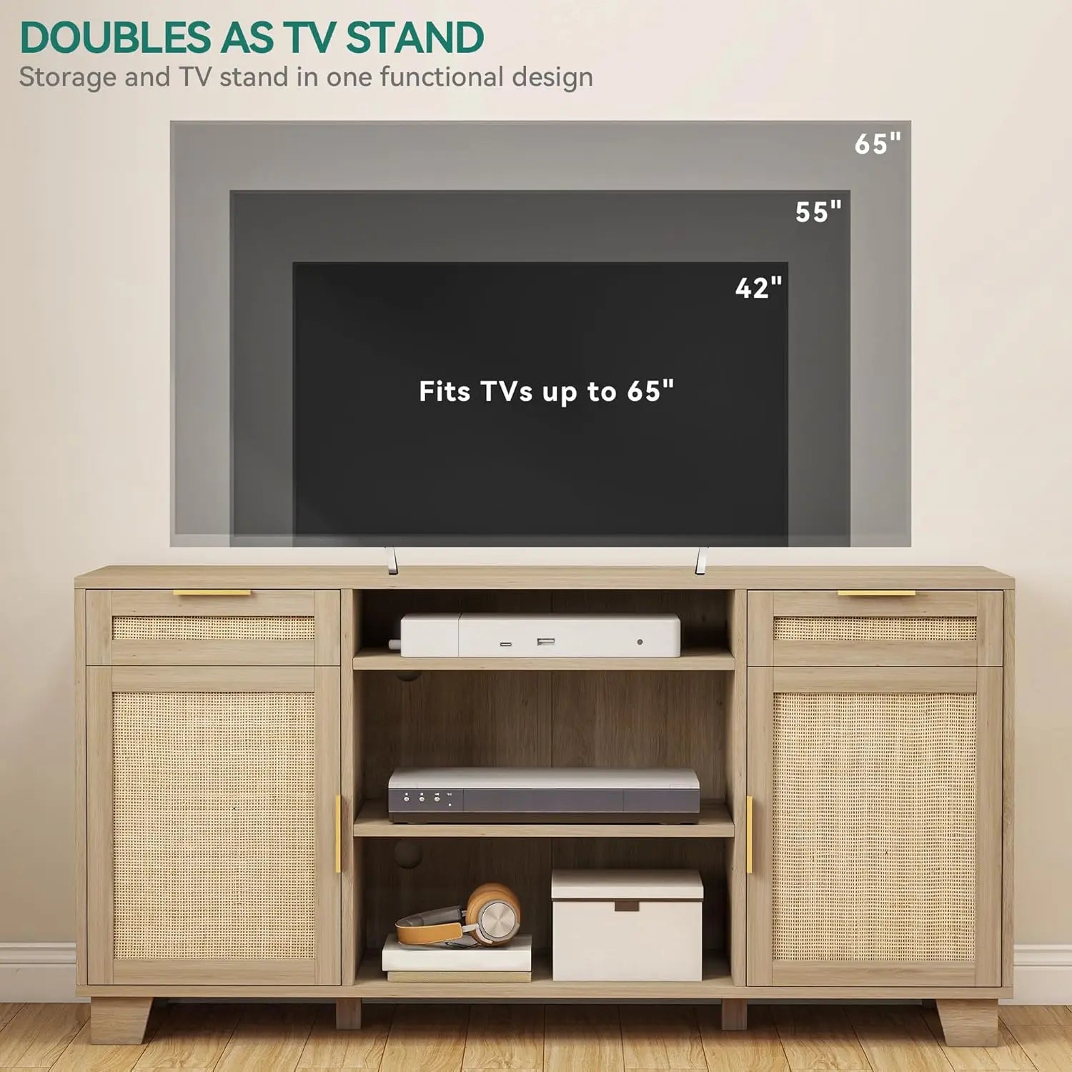 Rattan TV Stand for up to 65 Inch, Boho Media Console with Drawers & Adjustable Shelves, Natural Oak