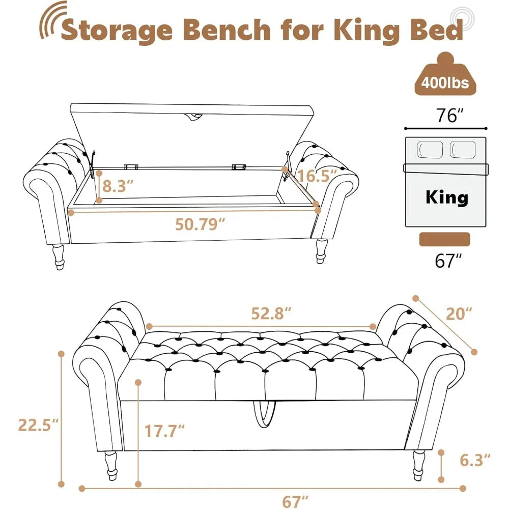 End-of-Bed Storage Bench – 67″ King Size Bedroom Bench