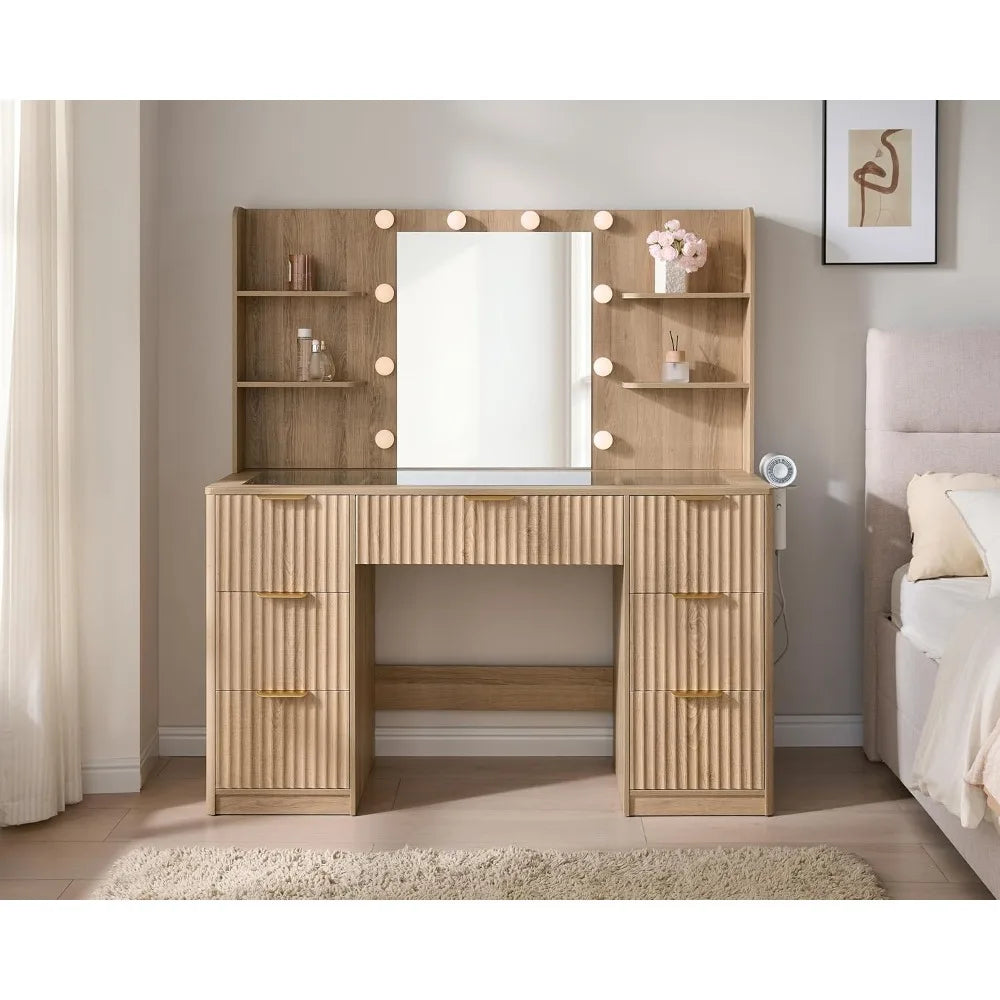 36.2" Fluted Vanity Desk with Mirror and Adjustable LED Lights, Large 4 Drawers Makeup Table with Glass Top and Charging Station