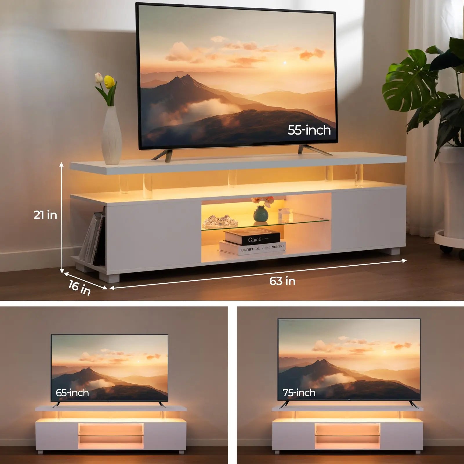 LED TV Stand White Entertainment Center, Gaming Center for 60 65inch TV with Storage, TV Stands for Gaming Living