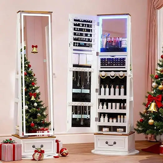 LED Mirror Jewelry Cabinet Standing, 360°Swivel Jewelry Armoire with Full Length Mirror, Mirror with Jewelry Storage