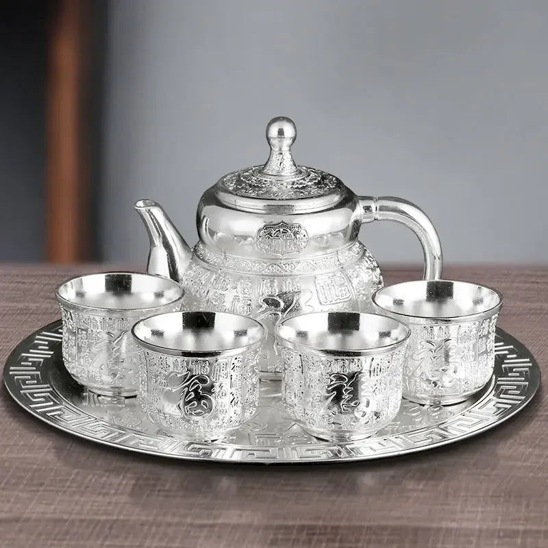 High-Grade Hand-Gilt Silver Tea & Wine Set – Silver-Plated Teapot with Chinese Wine Glasses