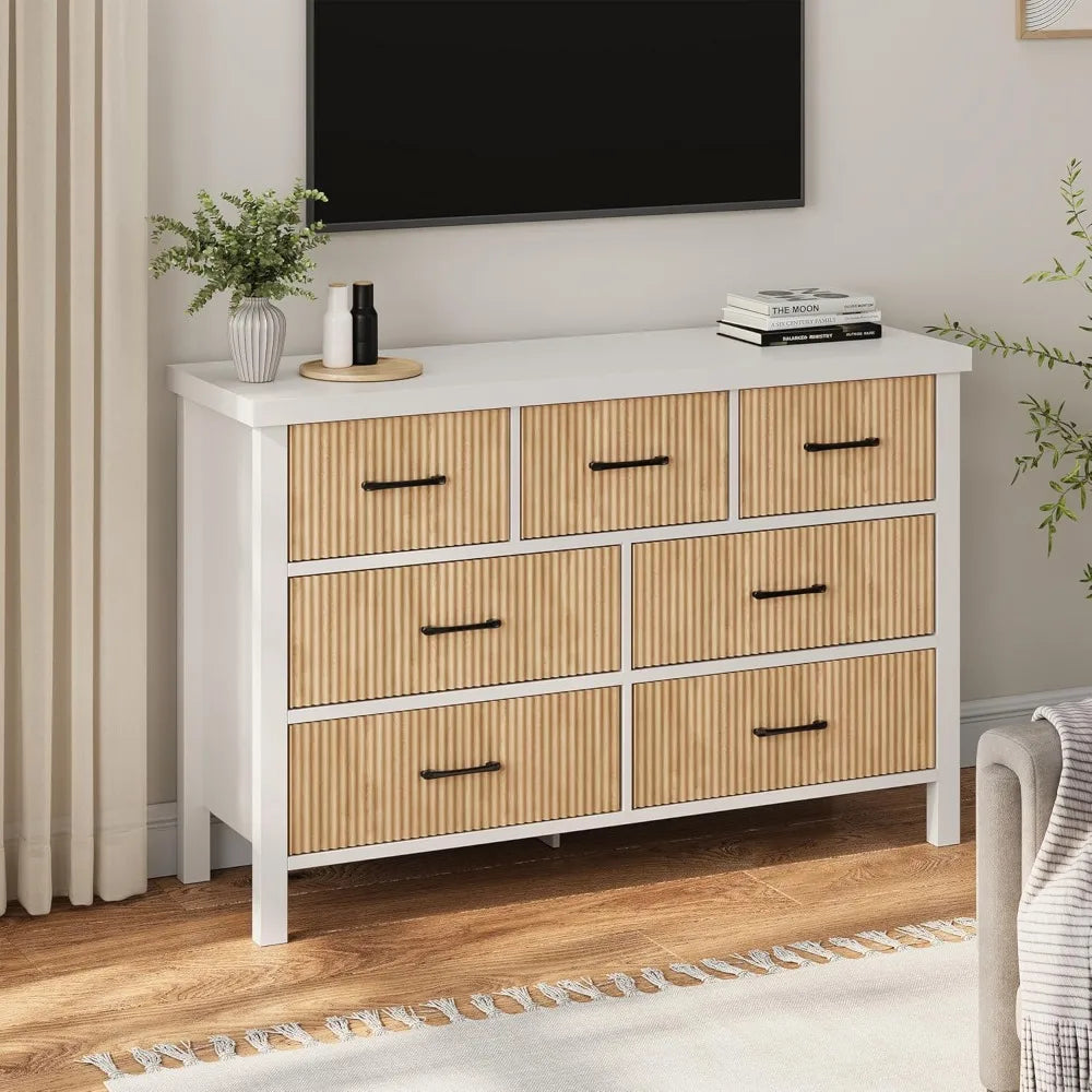 7 Drawer Dresser for Bedroom, Modern Fluted Dresser with Solid Wood Legs, Long Double Wooden Dresser Large Chest