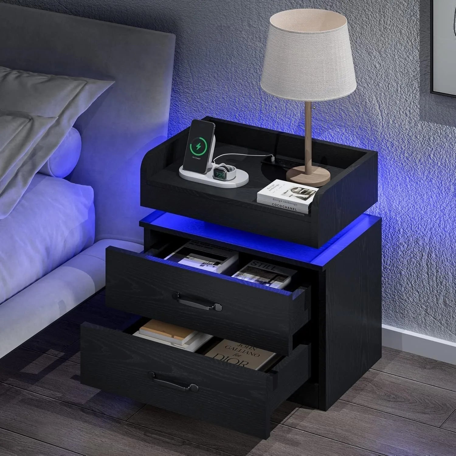 Black Nightstand with Charging Station, Bedside Table for Bedroom, LED Nightstand, Modern Night Stand with Drawers, Black