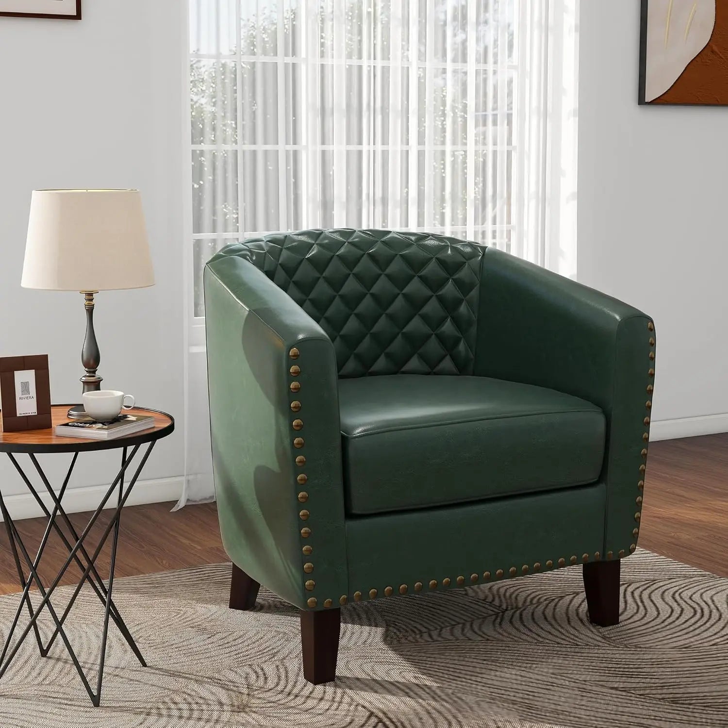 Pia Ricco Faux Leather Barrel Accent Chair – Modern Club Armchair with Wood Legs