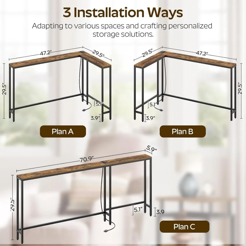 Narrow Console Table with Outlets, 70.9 Sofa Table Narrow Long, L Shaped Behind Couch Entryway Table with Charging Station, for