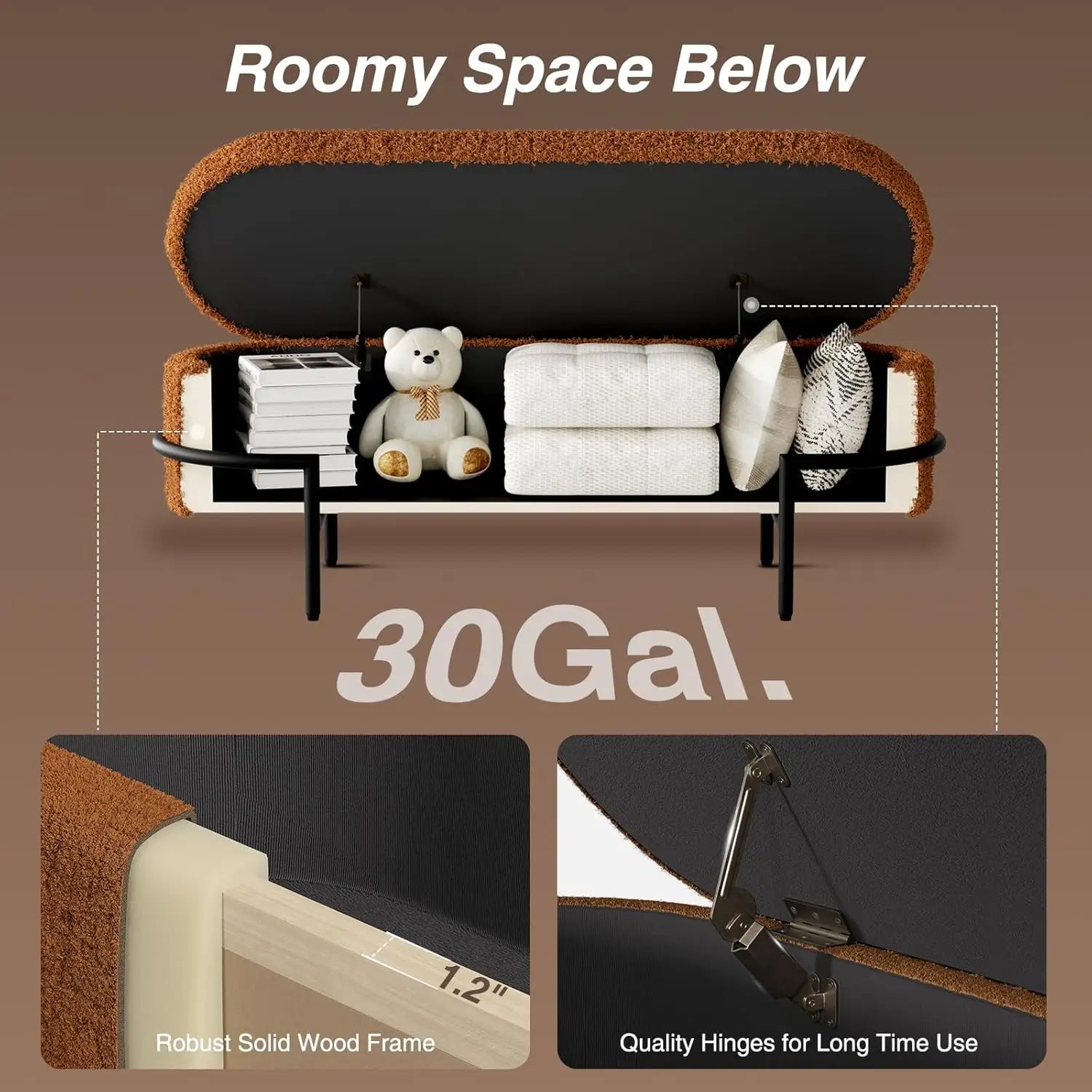 Sherpa Upholstered Storage Ottoman Bench – Metal Stand Living Room Bench