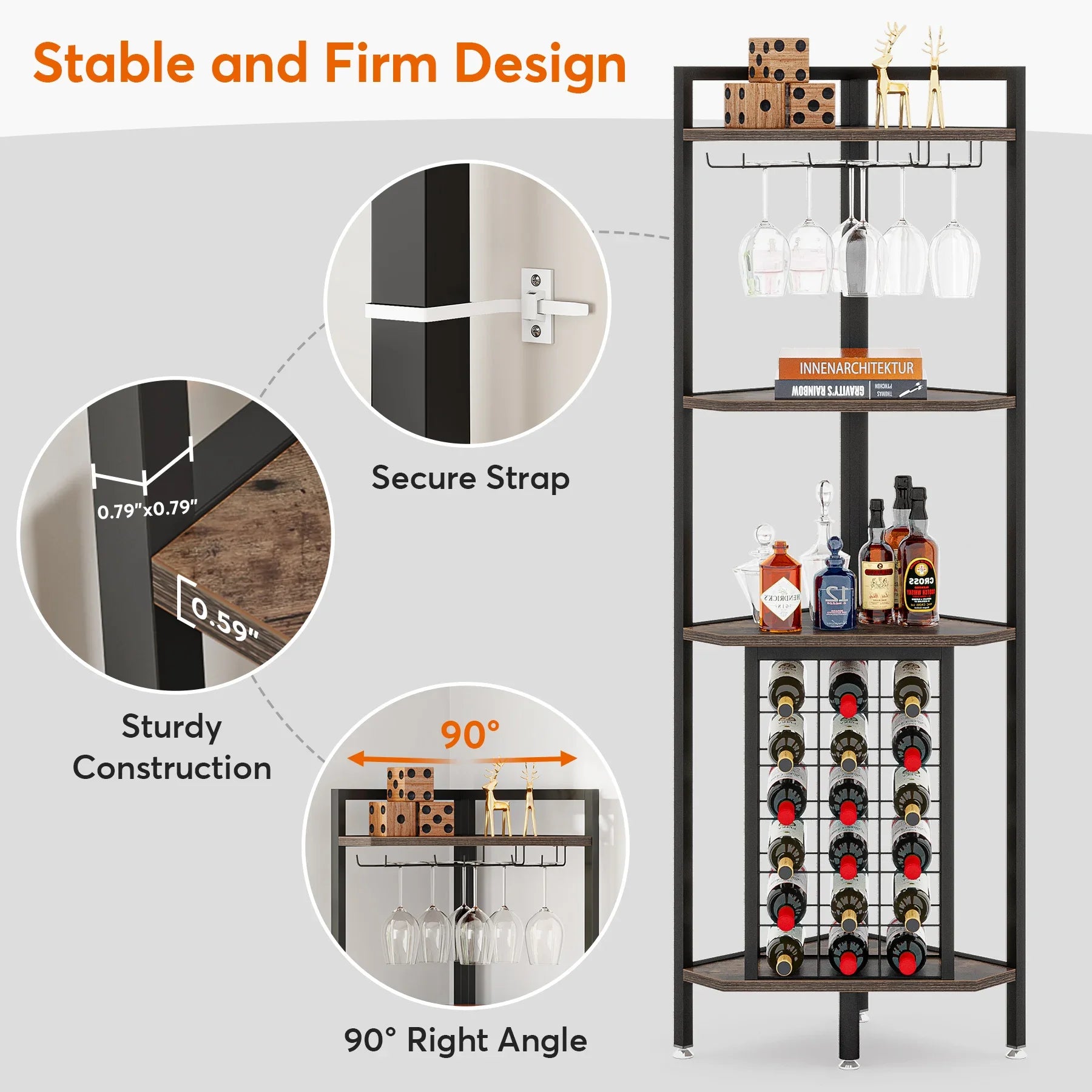 Tribesigns Wine Rack Bar Cabinet – 4-Tier Corner Shelf with Glass Holder