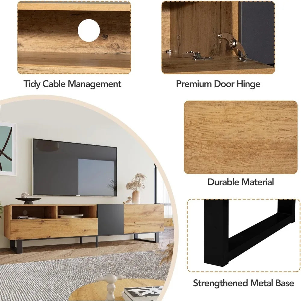 Modern TV Entertainment Center with 3 Cabinets & Open Shelves, Wood TV Stand for TVs Up to 80” for Living Room Bedroom (Wo