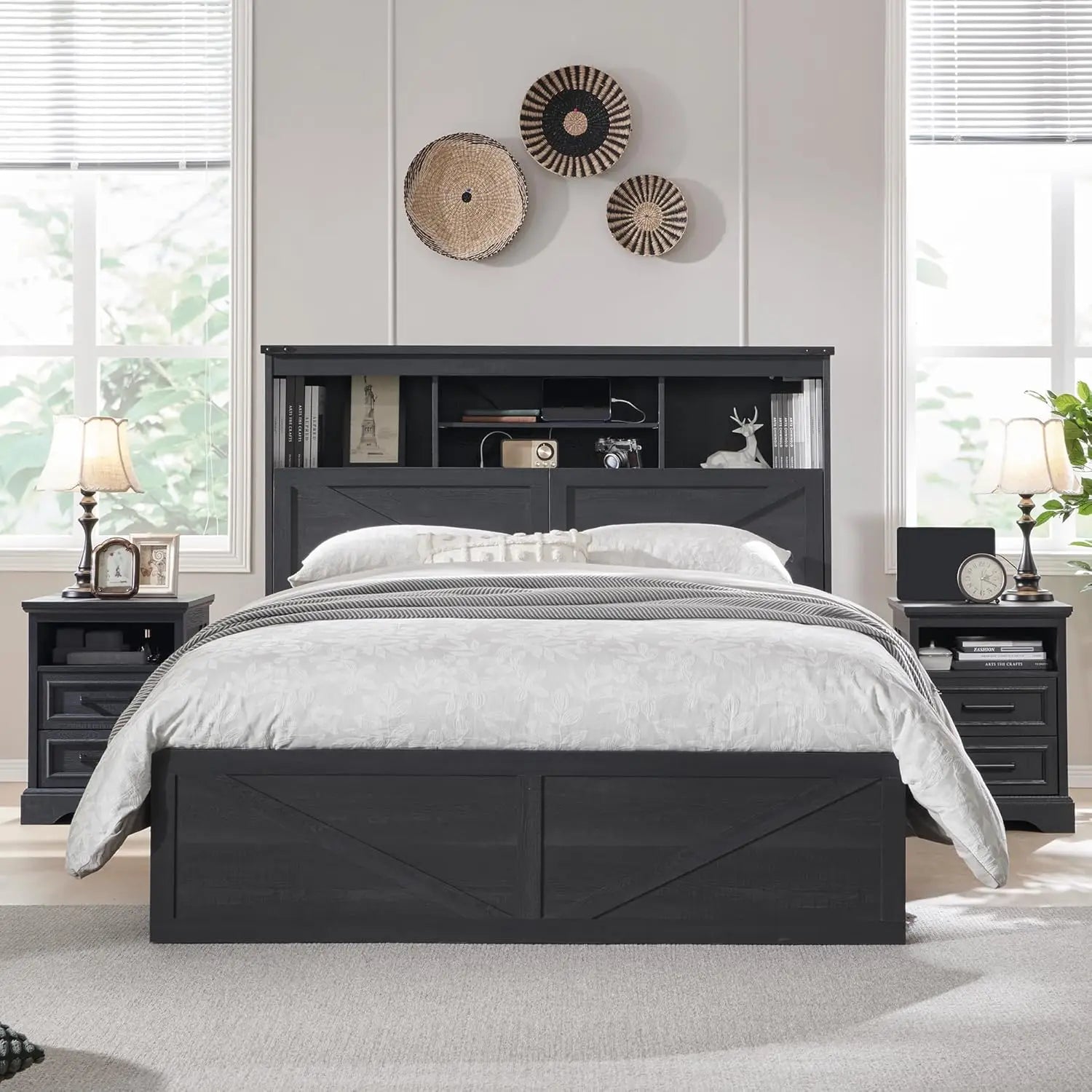 King Size Farmhouse Wood Bed Frame with Storage Bookcase Headboard, LED Light & Charging Station (Black)
