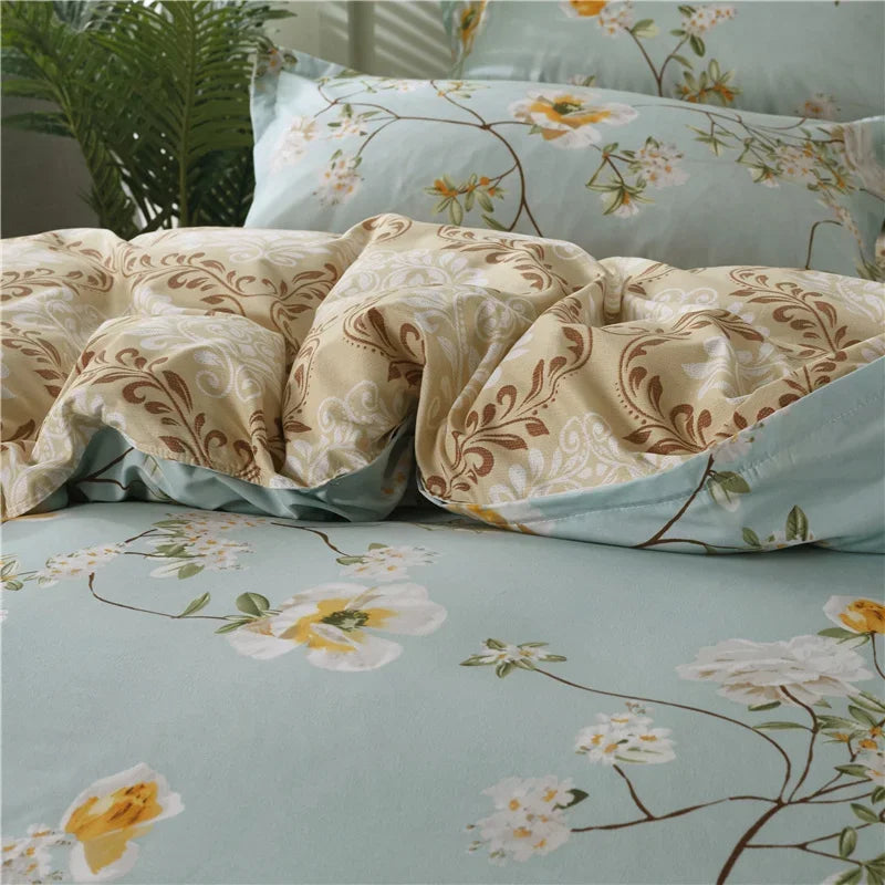 White Green Botanical Floral Duvet Cover Set Queen Reversible Gold Paisley Pattern Bedding Set Soft Microfiber Comforter Cover