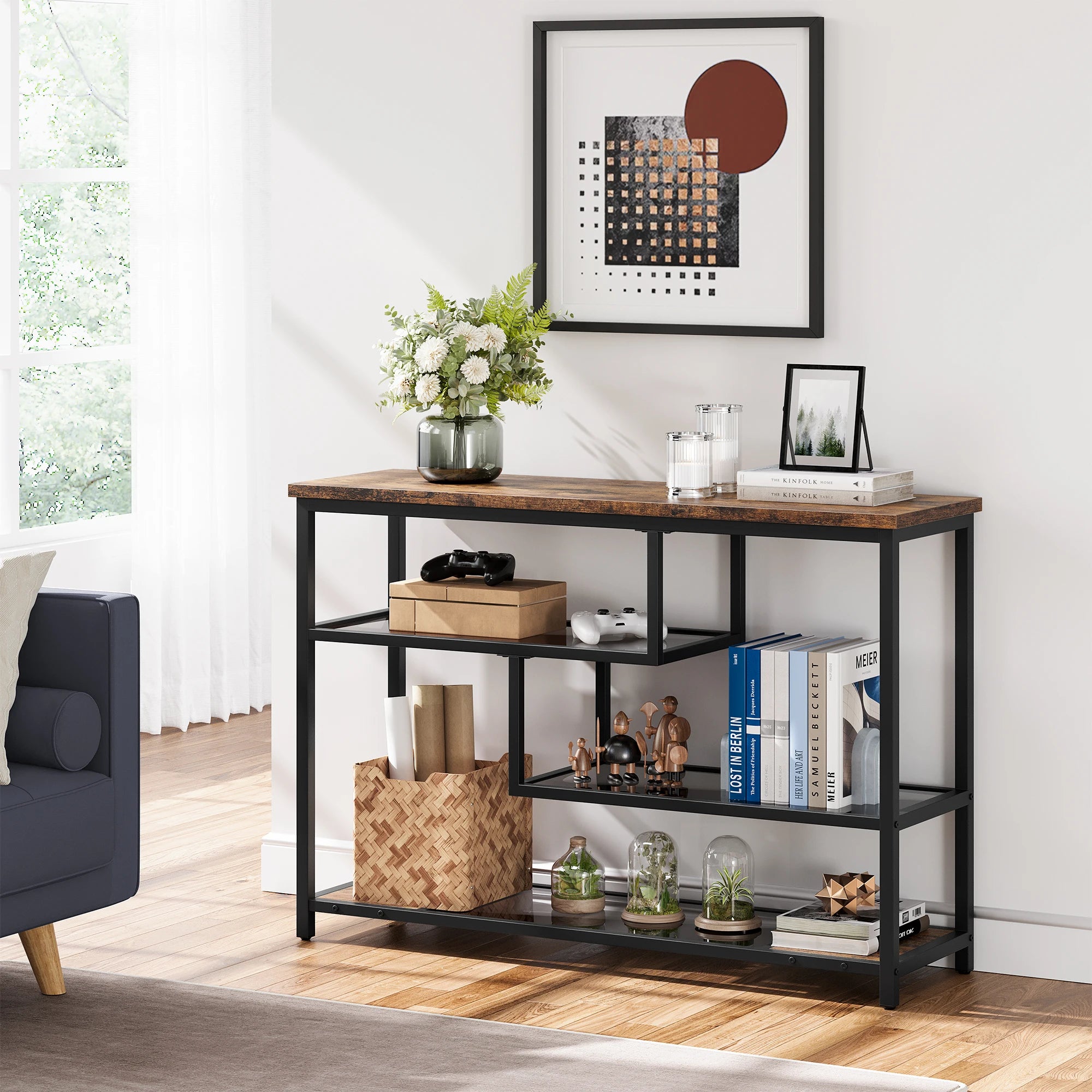 Console Table, 4-Tier Sofa Tables Narrow Entryway Table with Glass Shelf & Metal Frame, 39.4" Behind Couch Table for Living Room