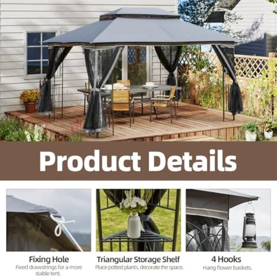 Outdoor Patio Gazebo 10'x13' Heavy Duty Canopy Tent with Metal Corner Frame Shelves Soft Double Roofs Party Tent Shelter with M
