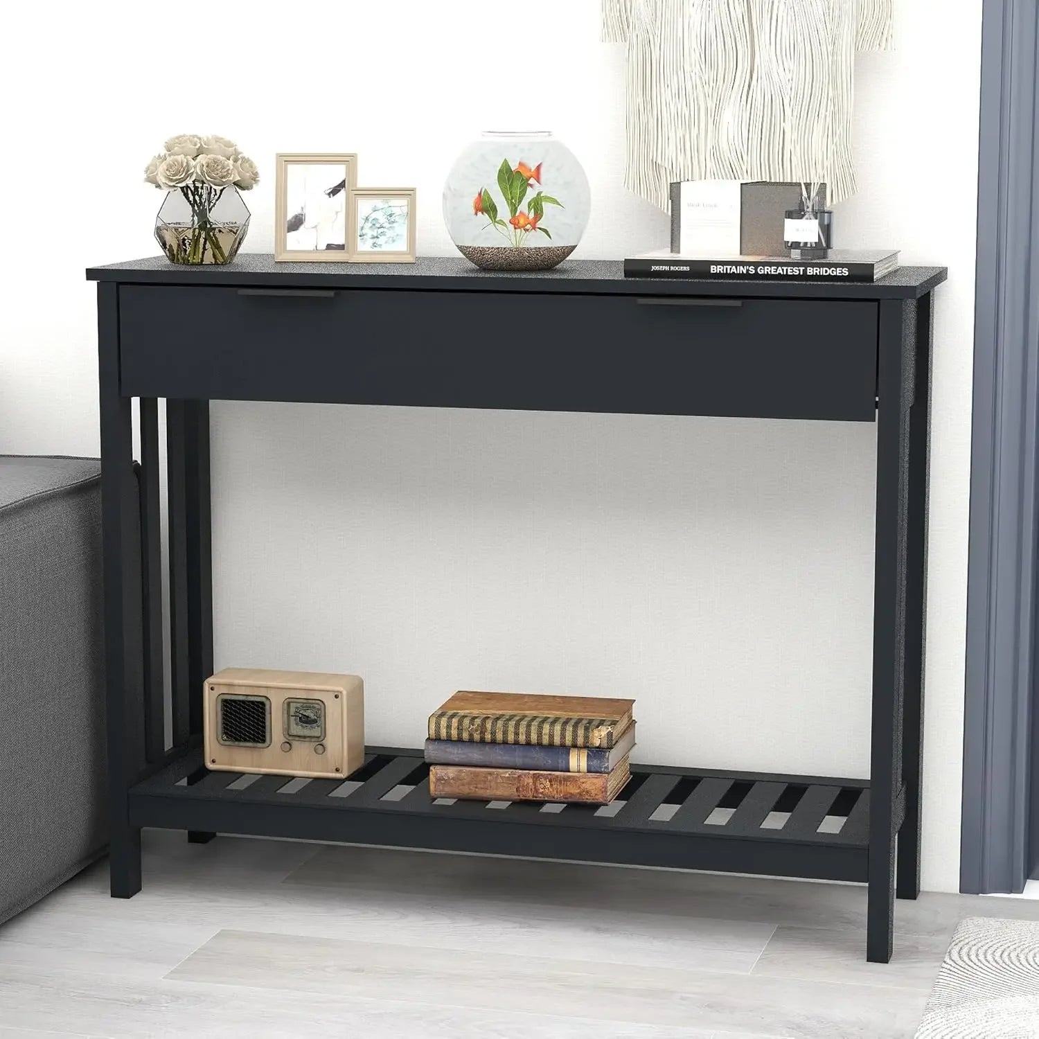 Black Entryway Table with Drawer Modern Wood Narrow Console Table with Storage, Hallway Sofa Tables for Living Room, Black