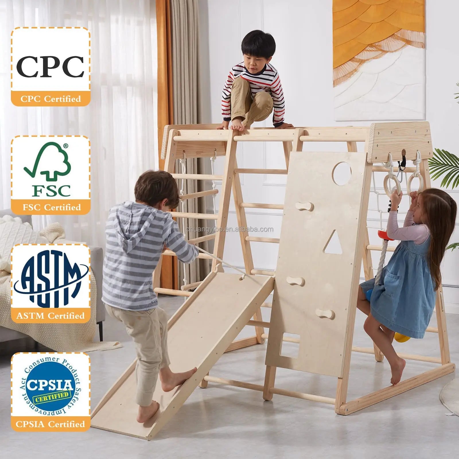 Wooden Jungle Gym for Kids – Indoor & Outdoor Climbing Set with Slide & Swing