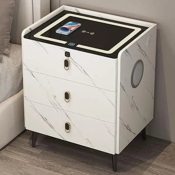 Contemporary 3-Drawer Nightstand with Built-in Charging Station and LED Lighting, featuring Fingerprint Security Lock