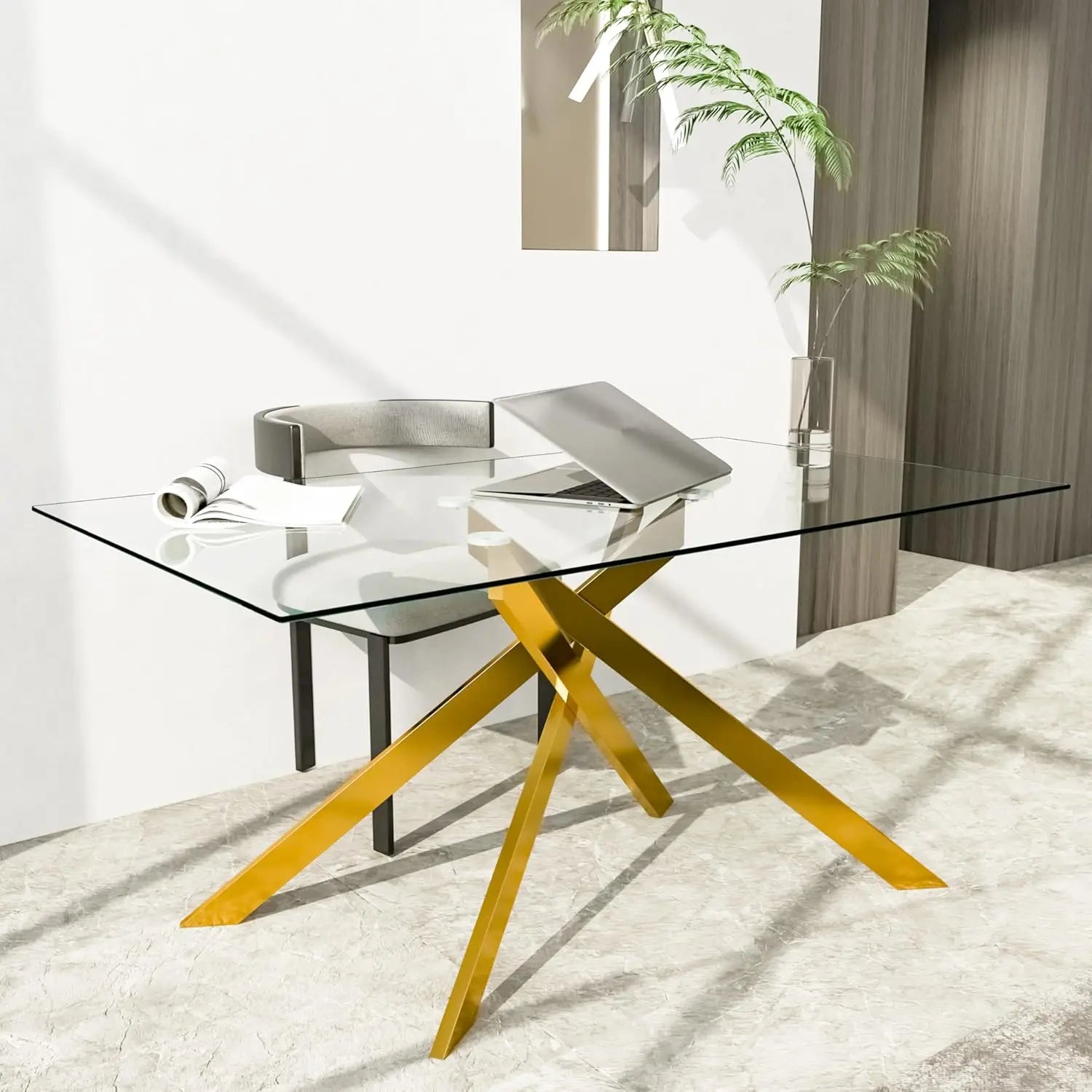 Glass Dining Table for 4 People, 51.2 Inches Rectangular Glass Kitchen Table with Steel Legs, Modern Dining Room Table fo