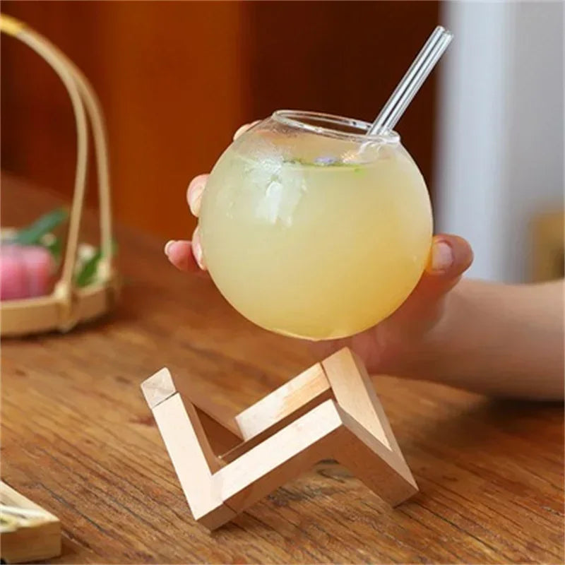 Creative Ronud Ball Glass Cup with Wood Stand Straw Wine Cocktail Glass Cup Clear Moon Ball Cold Drinking Juice Cups
